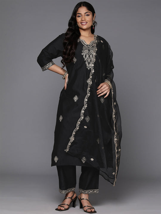 Plus Size Black Embroidered Straight Suit With Dupatta