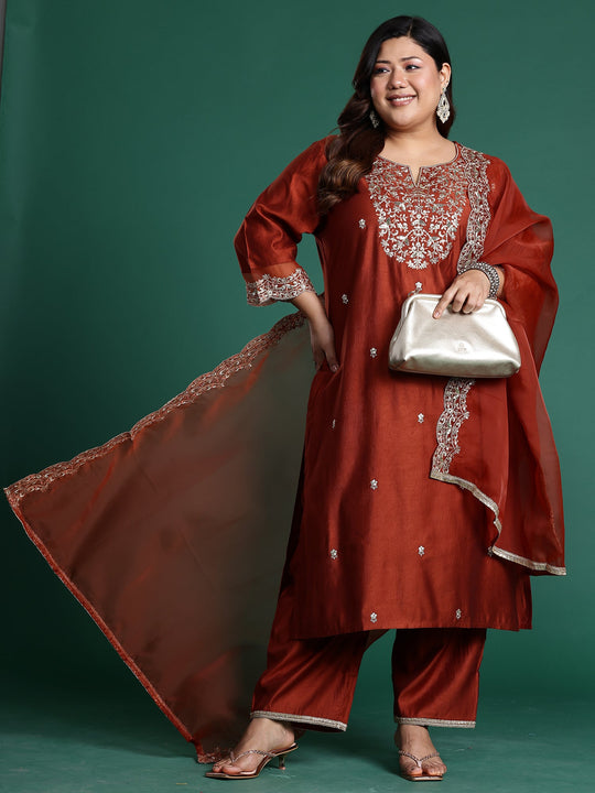 Plus Size Rust Embroidered Straight Suit Set With Dupatta