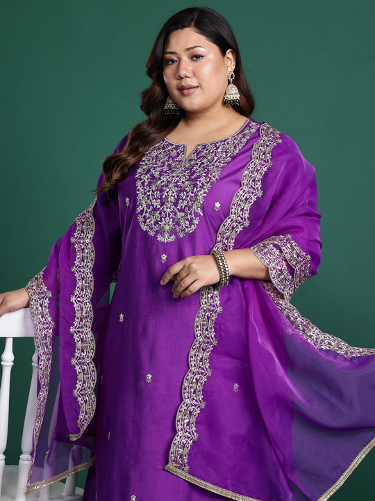 Plus Size Purple Embroidered Straight Kurta Pant With Dupatta Set