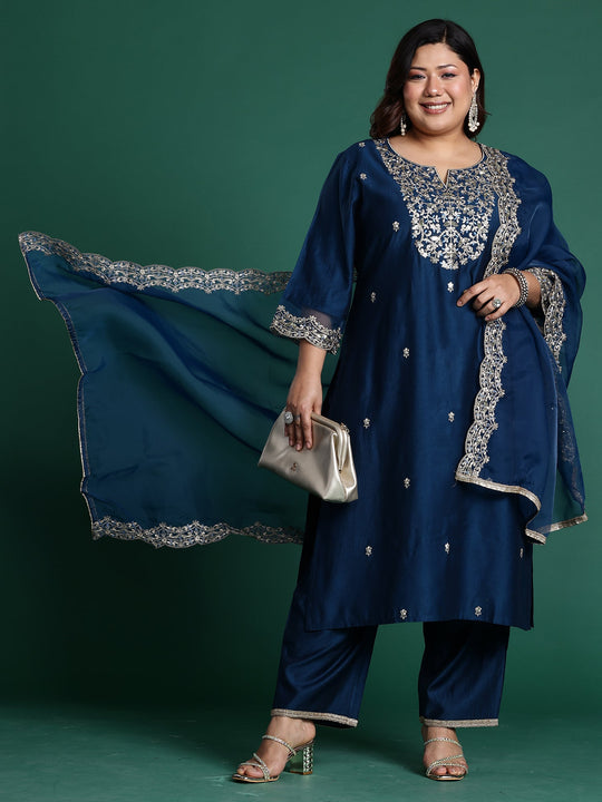 Plus Size Teal Embroidered Straight Suit Set With Dupatta