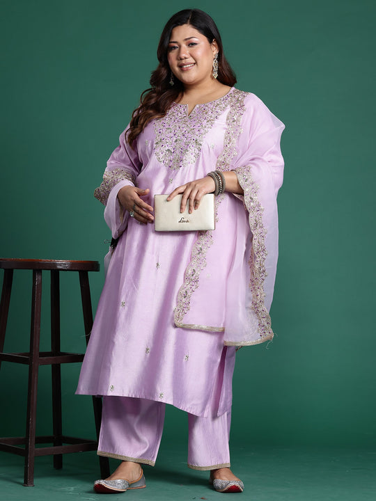 Plus Size Lavender Embroidered Straight Kurta Set With Dupatta