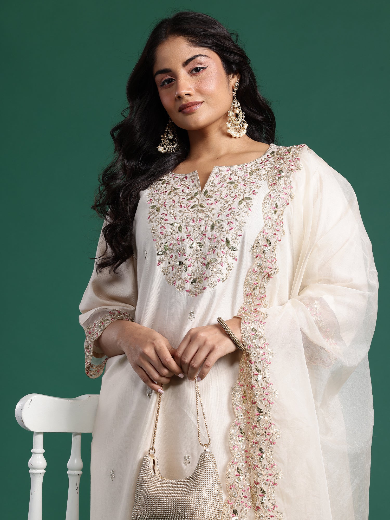 Plus Size Off White Embroidered Straight Kurta Trousers With Dupatta set