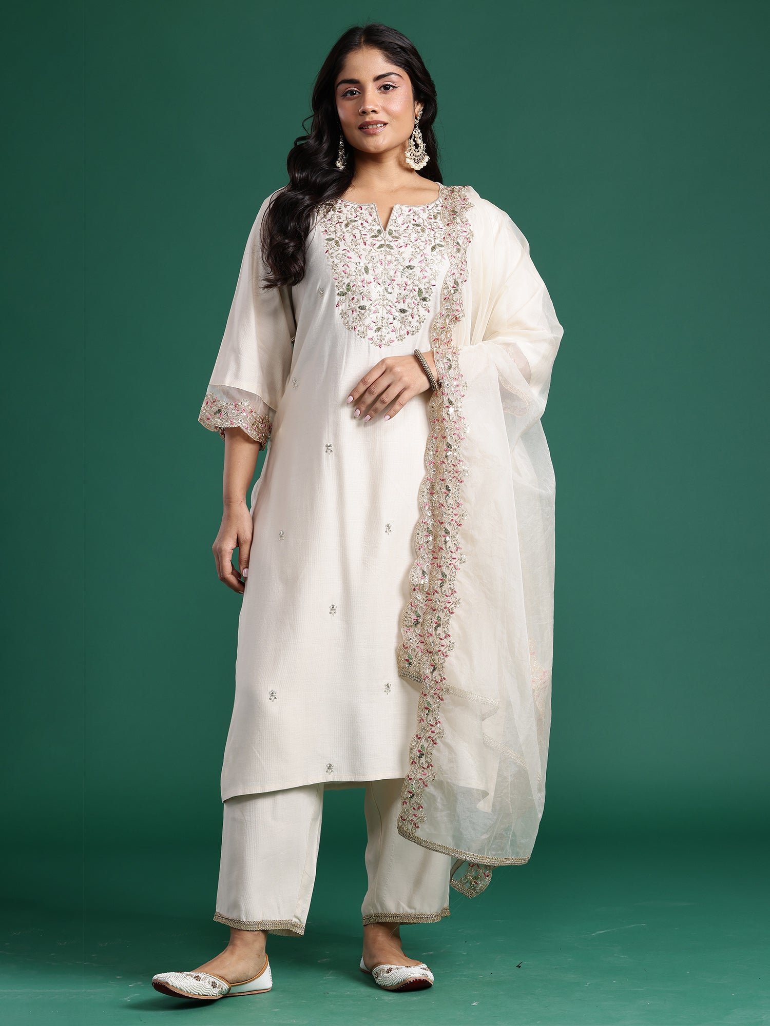 Plus Size Off White Embroidered Straight Kurta Trousers With Dupatta set