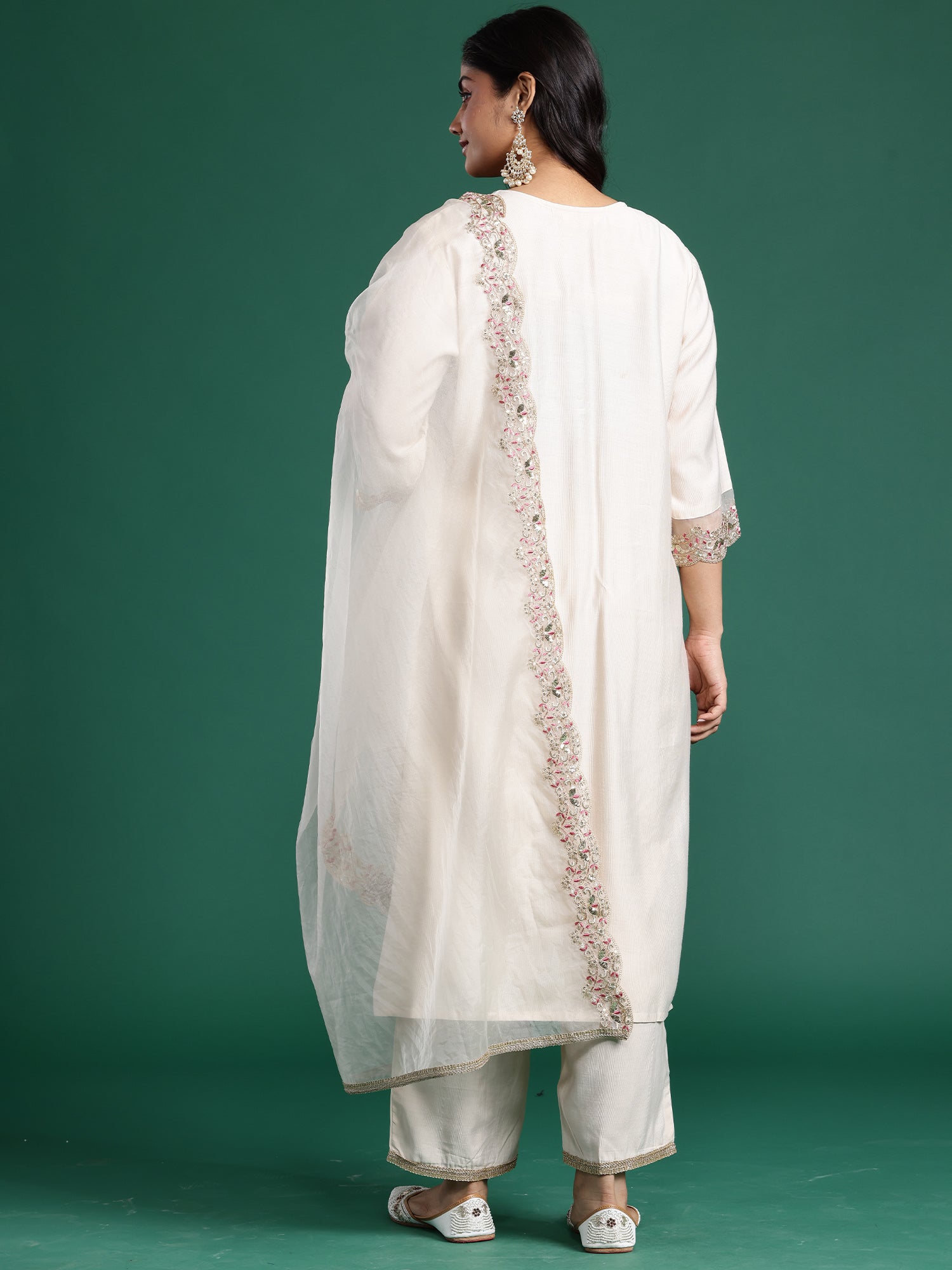 Plus Size Off White Embroidered Straight Kurta Trousers With Dupatta set