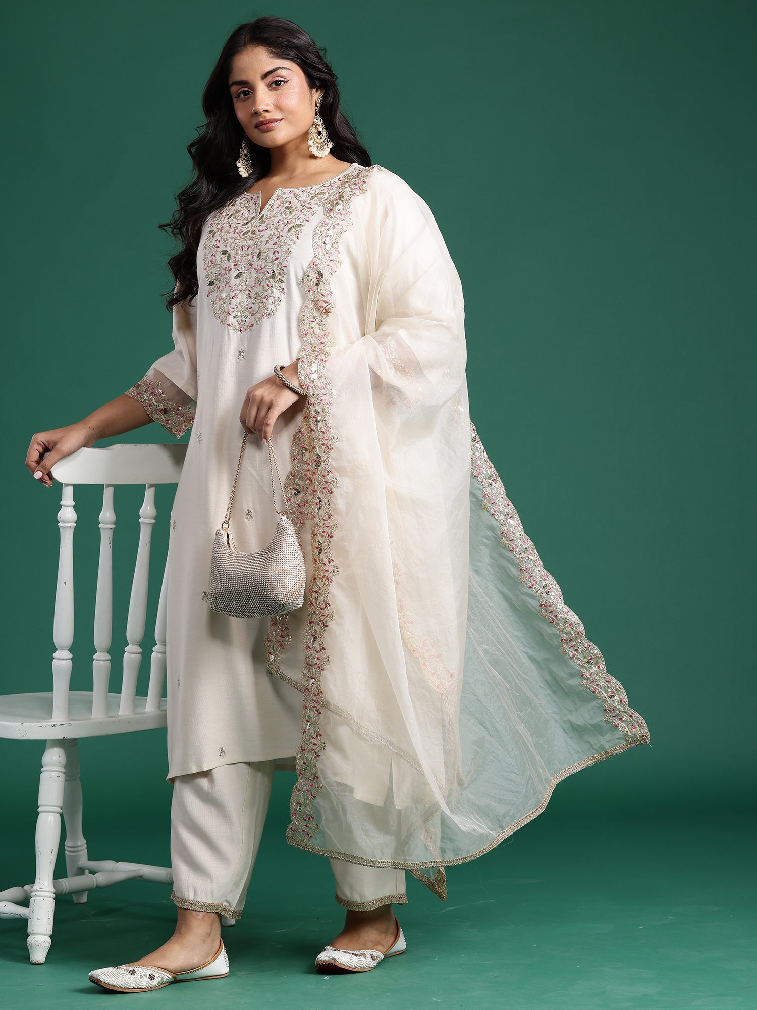 Plus Size Off White Embroidered Straight Kurta Trousers With Dupatta set
