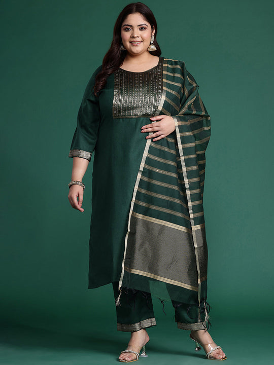 Plus Size Green Yoke Design Straight Kurta Set