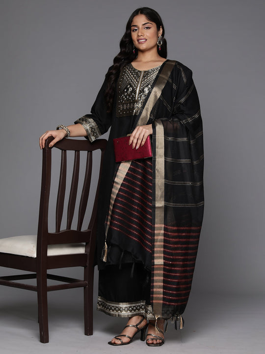 Plus Size Black Yoke Design Straight Suit With Dupatta