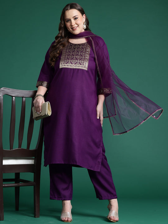 Plus Size Purple Yoke Design Straight Pure Cotton Suit Set