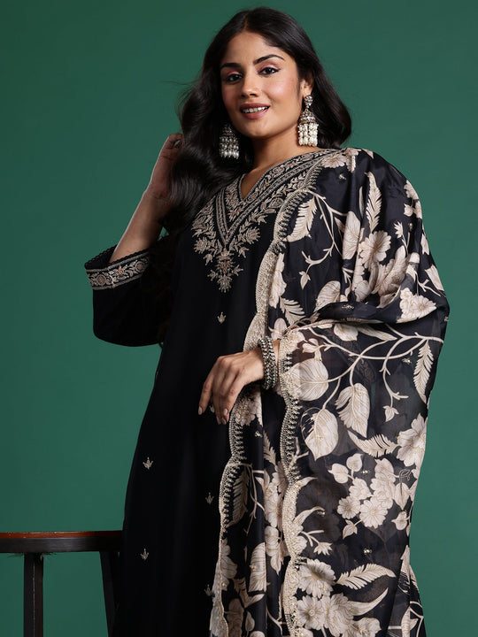 Plus Size Black Embroidered Straight Suit Set With Dupatta