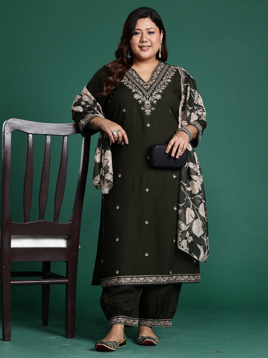 Plus Size Green Embroidered Straight Kurta Salwar With Dupatta Set
