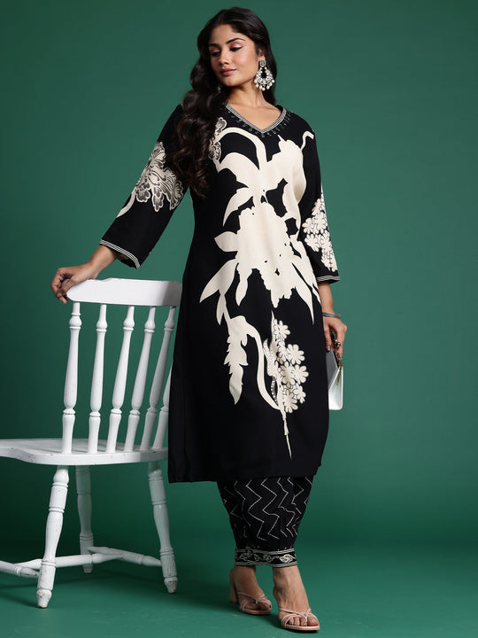 Plus Size Black Printed Straight Kurta Salwar Set