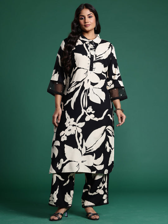 Plus Size Black Printed Straight Kurta Palazzo Set