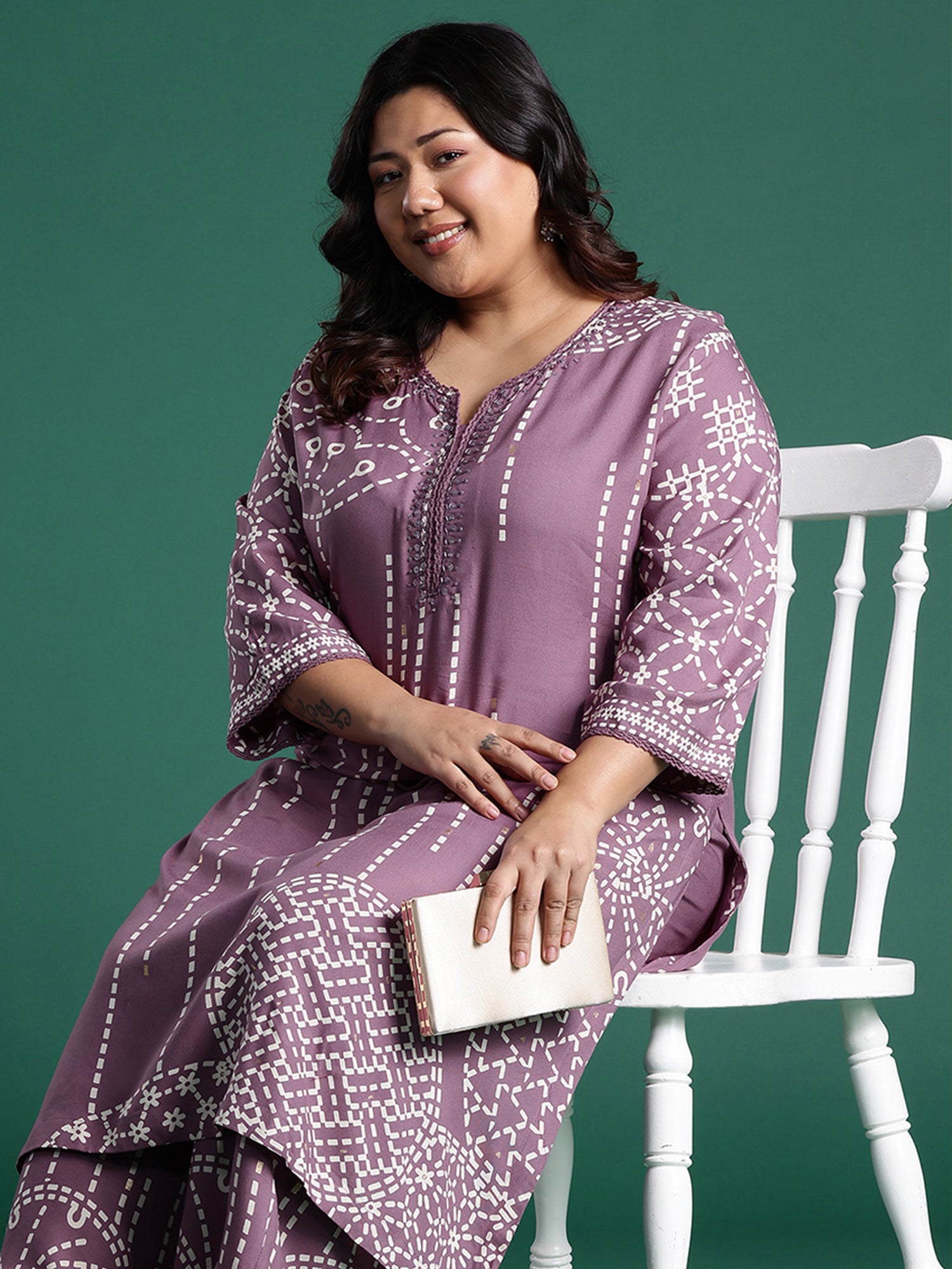 Plus Size Mauve Printed Straight Kurta Palazzos set