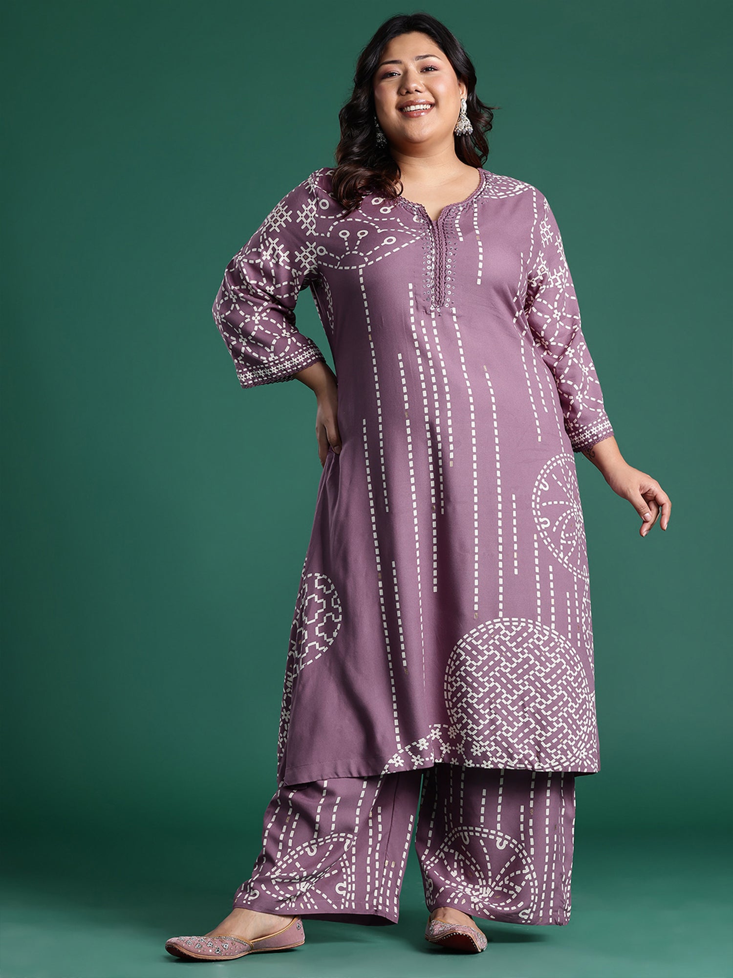 Plus Size Mauve Printed Straight Kurta Palazzos set