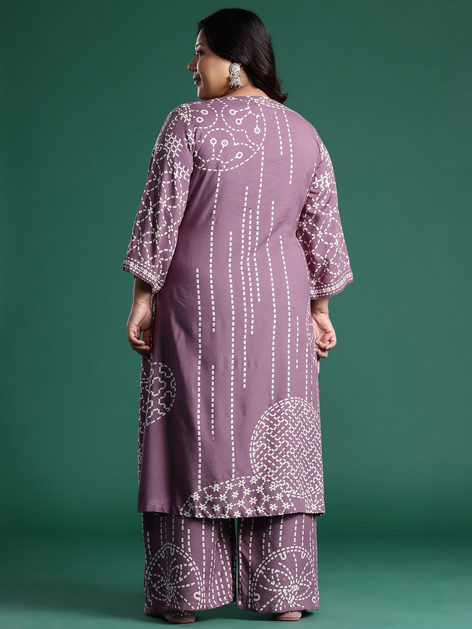Plus Size Mauve Printed Straight Kurta Palazzos set