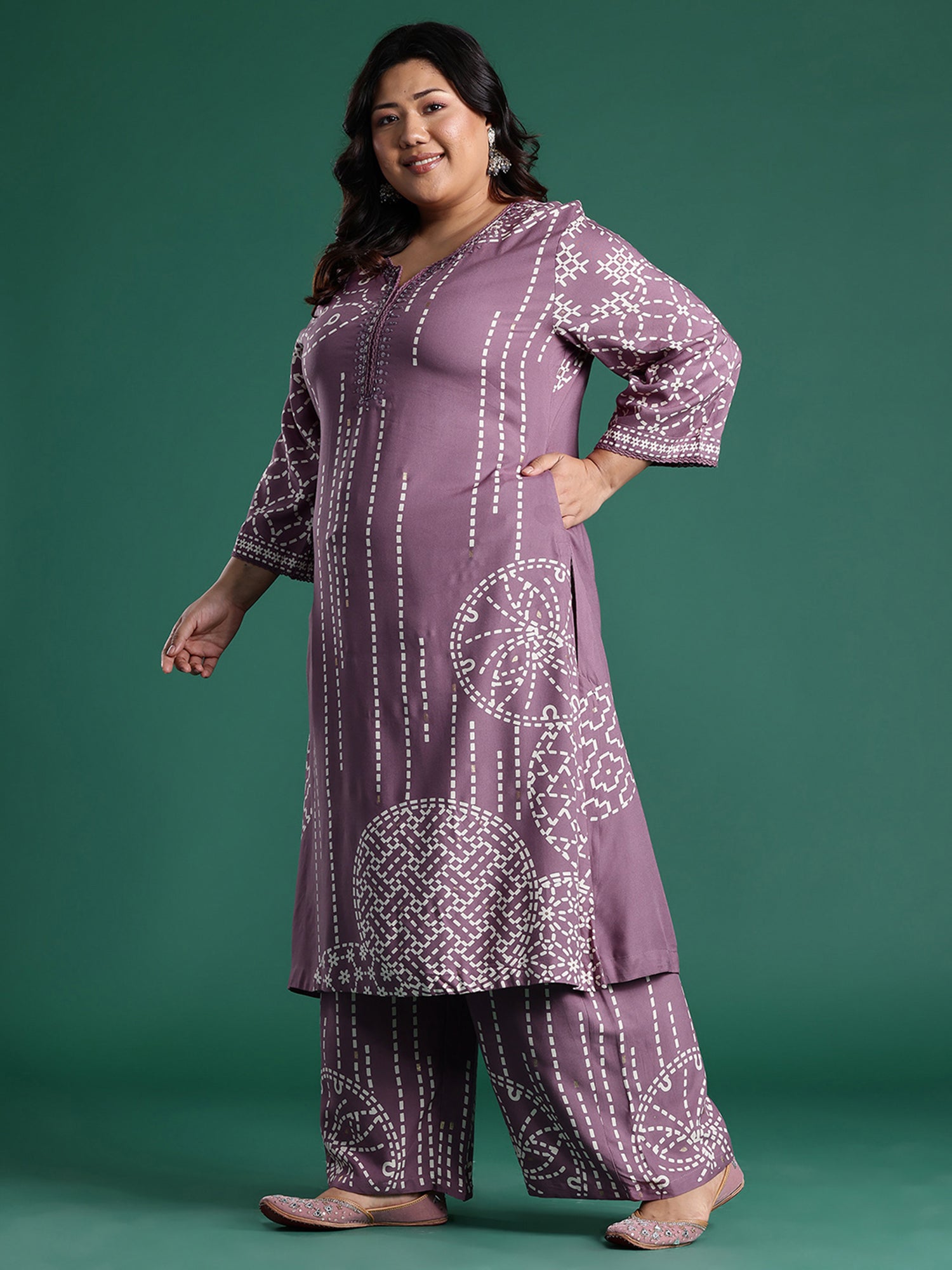 Plus Size Mauve Printed Straight Kurta Palazzos set