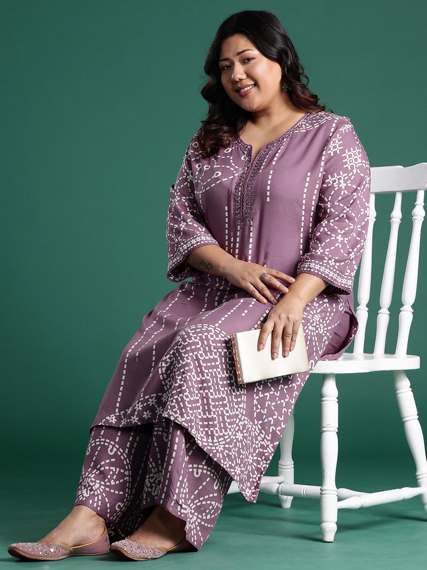 Plus Size Mauve Printed Straight Kurta Palazzos set