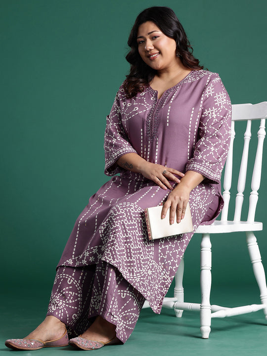 Plus Size Mauve Printed Straight Kurta Palazzos set