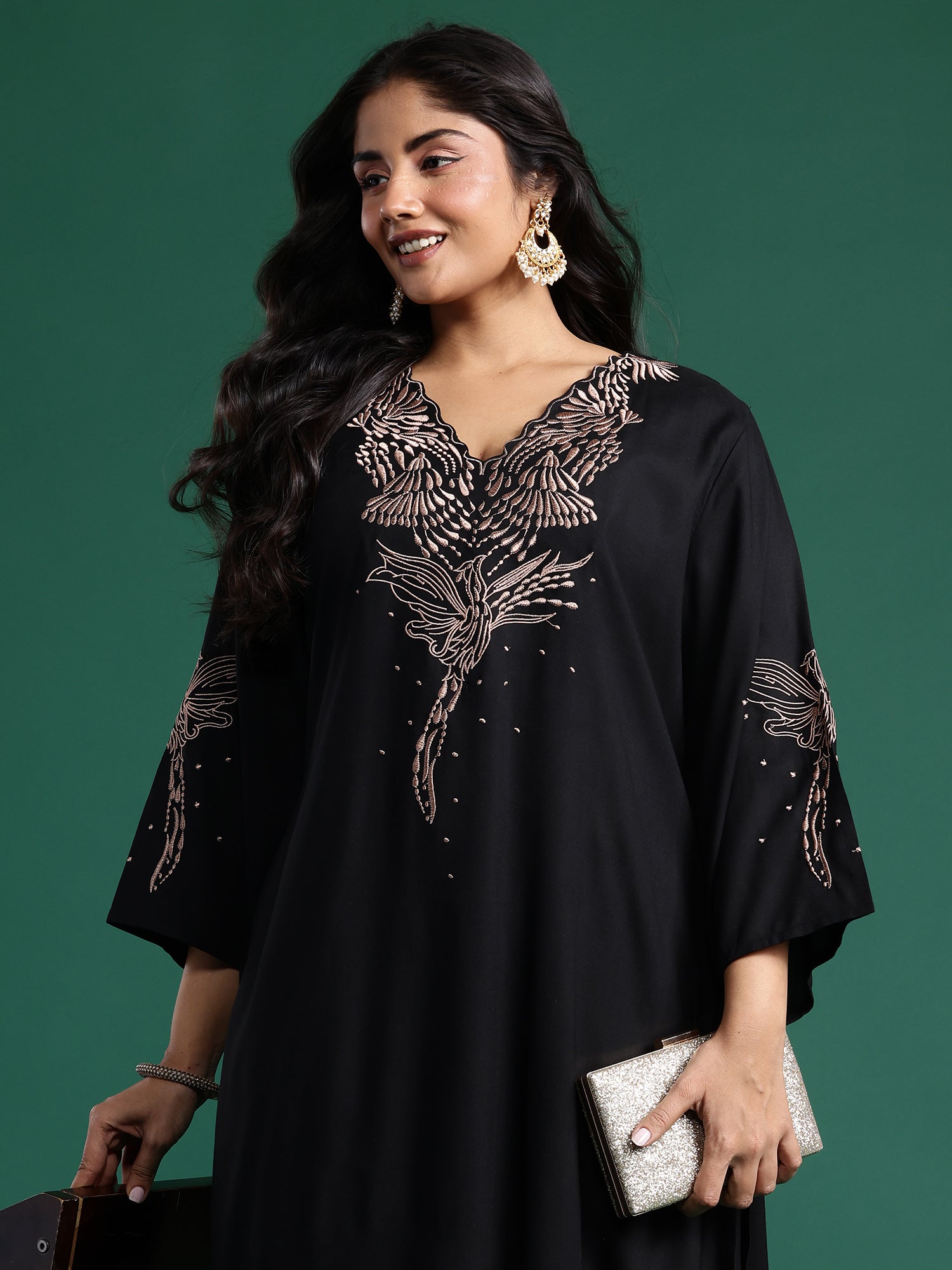 Plus Size Black Embroidered A-Line Kurta Palazzos set