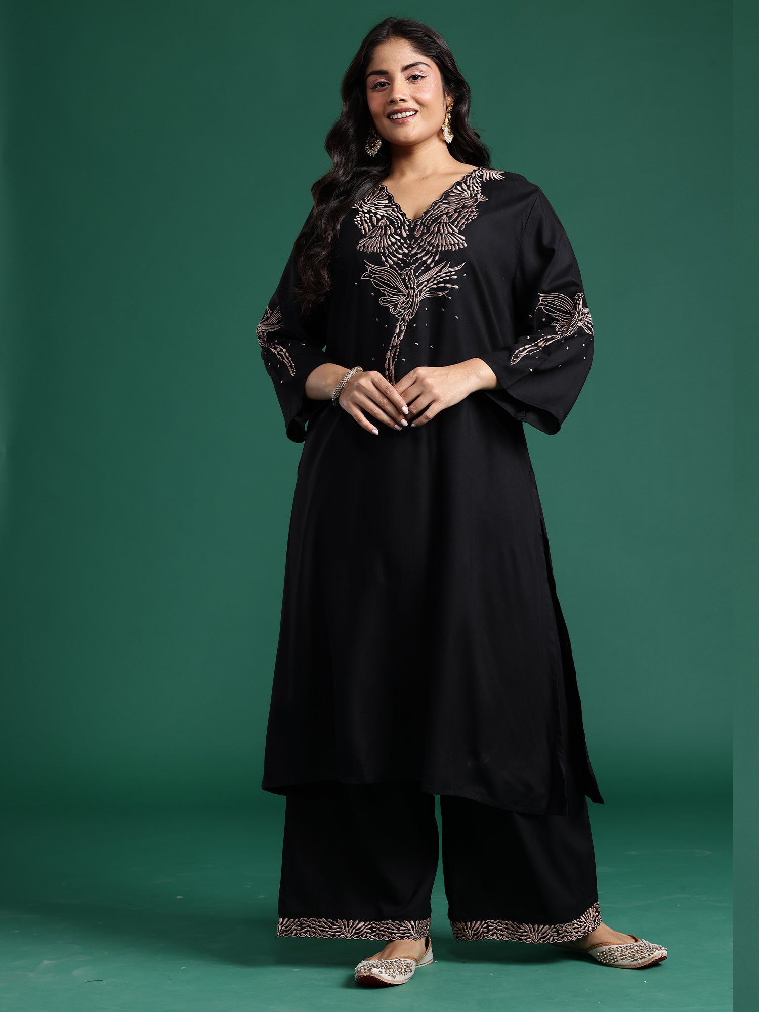 Plus Size Black Embroidered A-Line Kurta Palazzos set