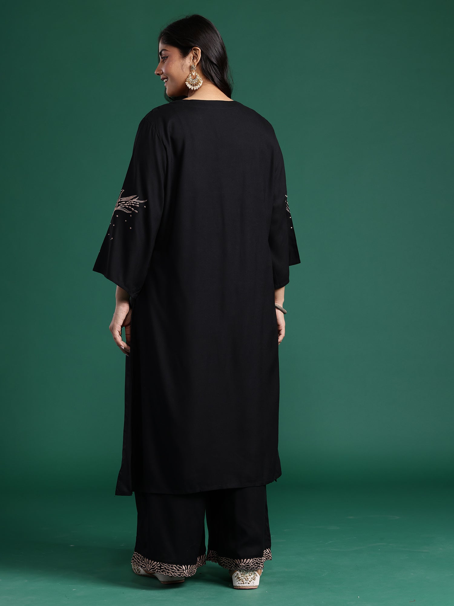 Plus Size Black Embroidered A-Line Kurta Palazzos set