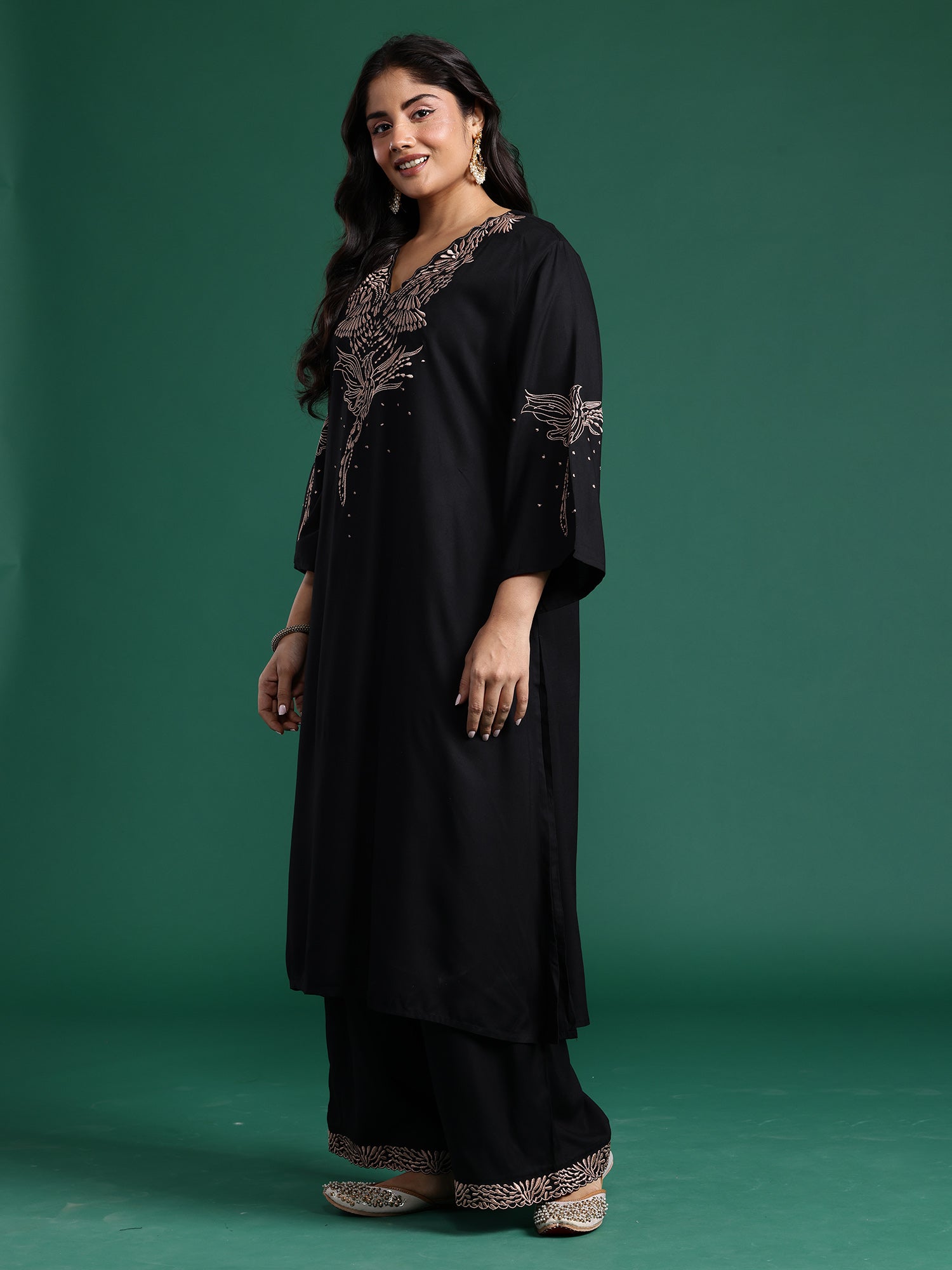 Plus Size Black Embroidered A-Line Kurta Palazzos set