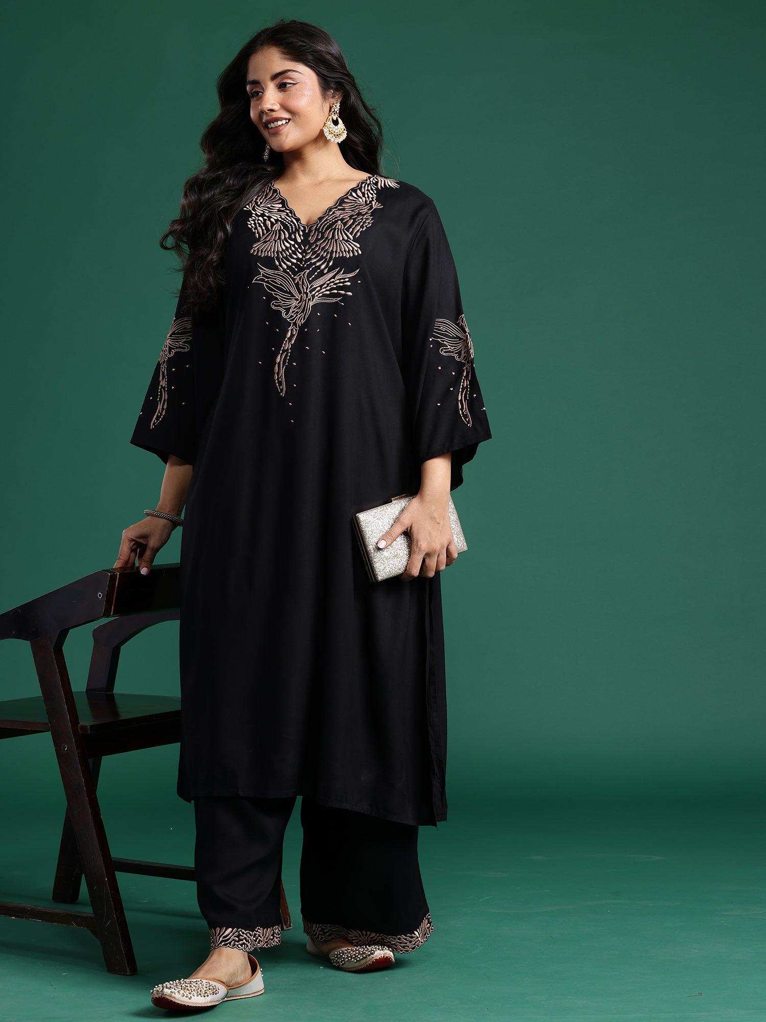 Plus Size Black Embroidered A-Line Kurta Palazzos set