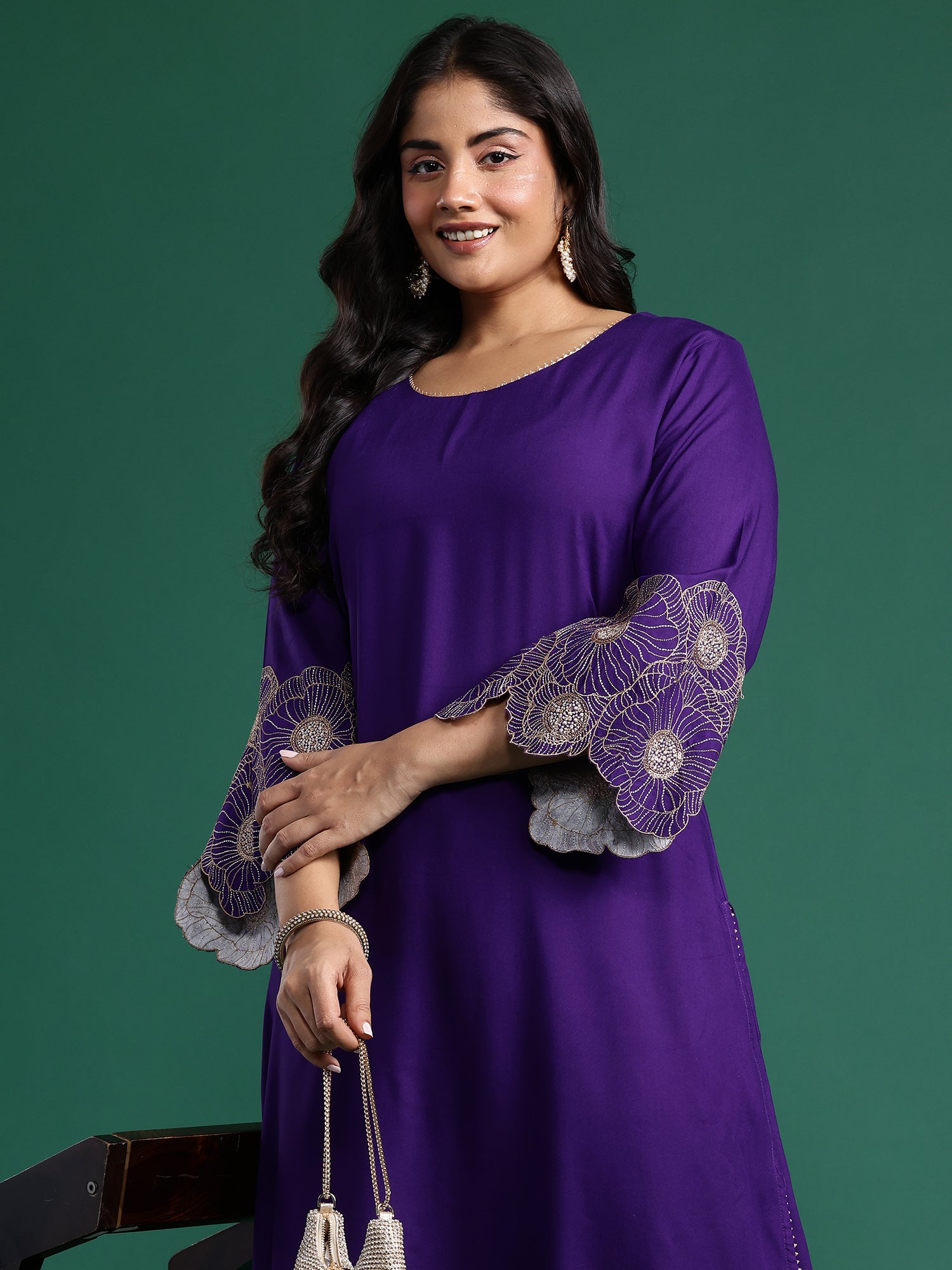 Plus Size Purple Embroidered A-Line Kurta Trousers set