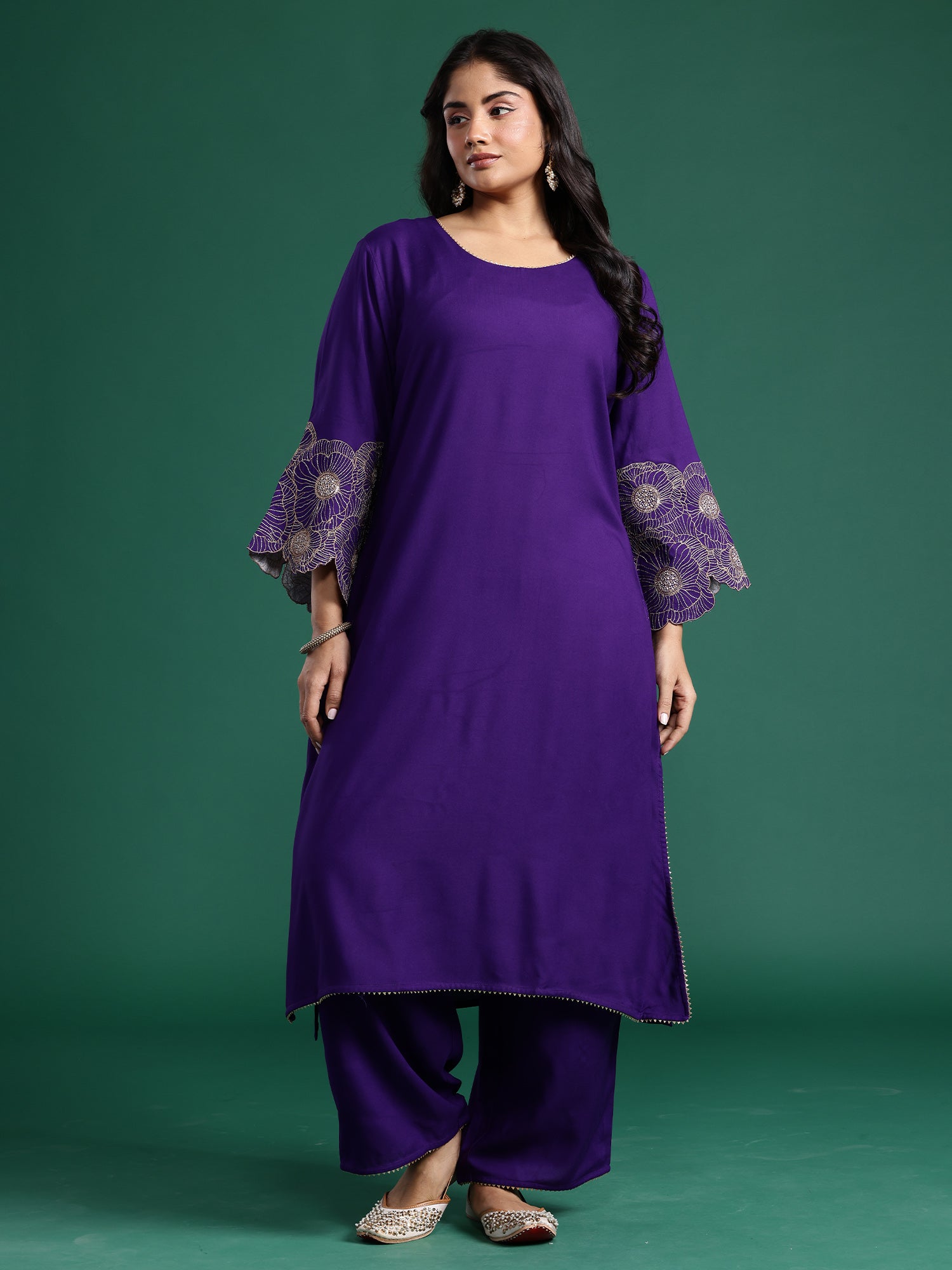 Plus Size Purple Embroidered A-Line Kurta Trousers set