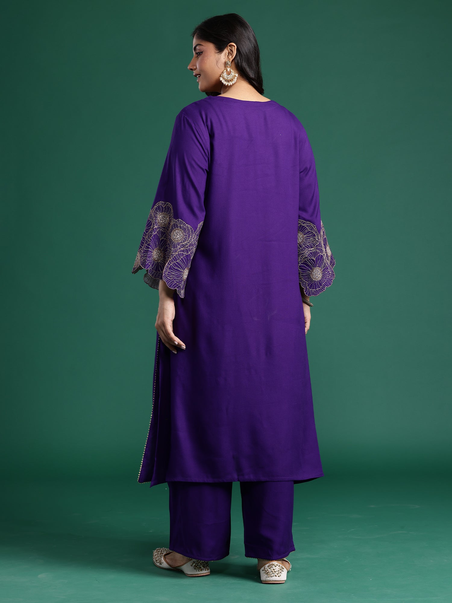 Plus Size Purple Embroidered A-Line Kurta Trousers set