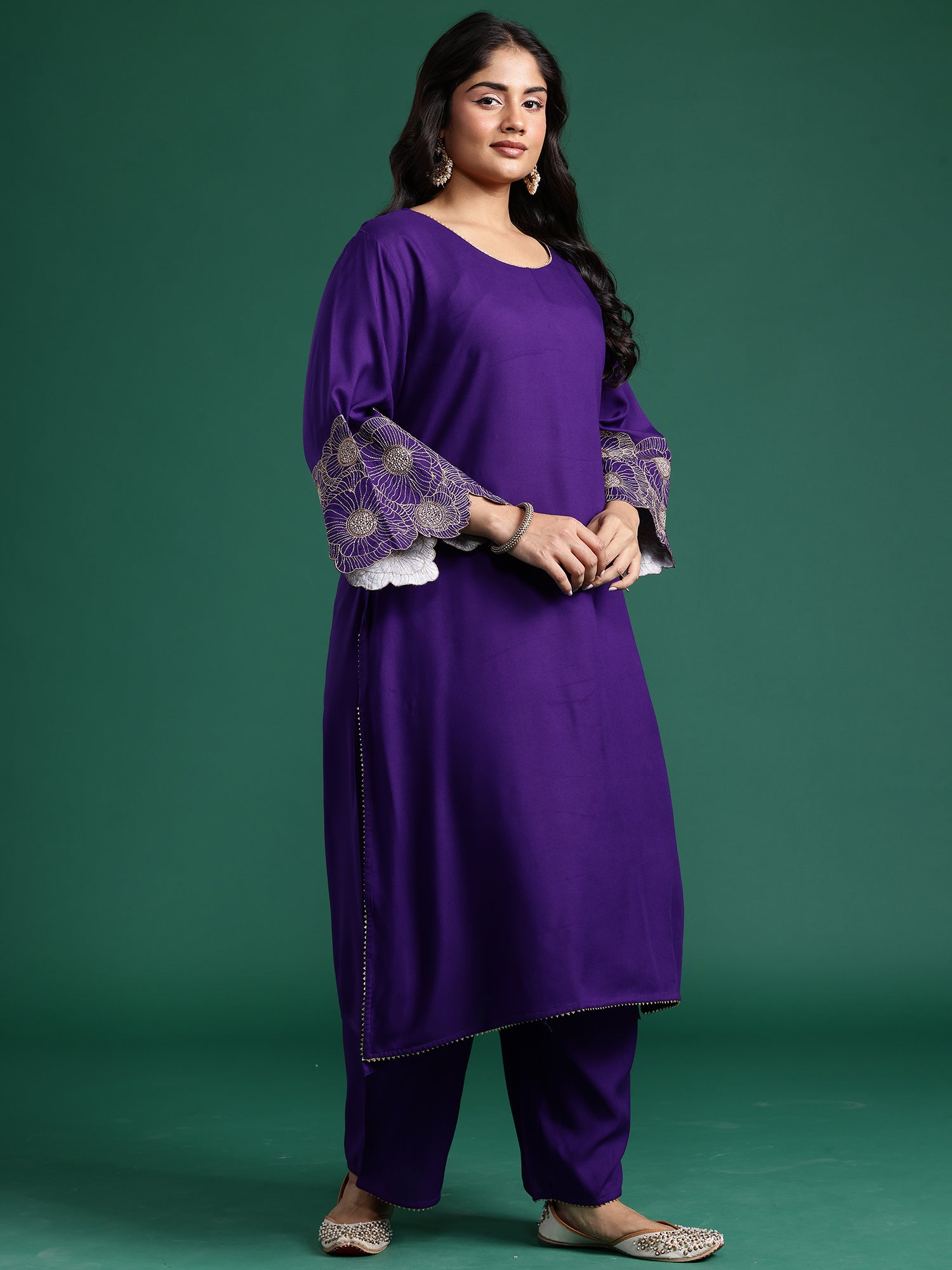 Plus Size Purple Embroidered A-Line Kurta Trousers set