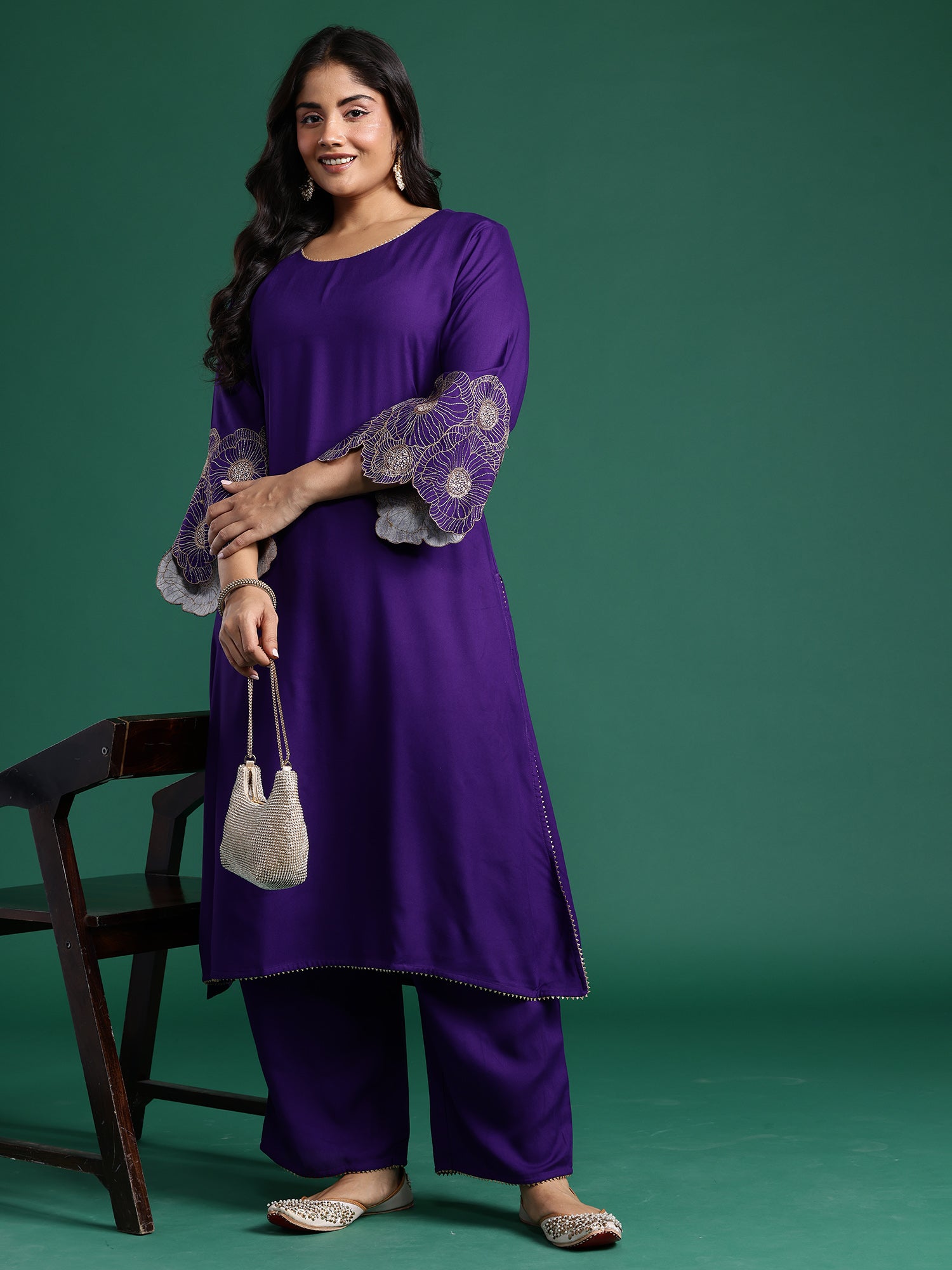 Plus Size Purple Embroidered A-Line Kurta Trousers set