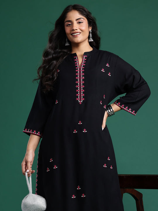 Indo Era Black Embroidered Straight Kurta