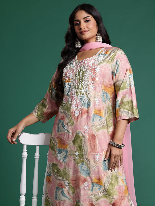 Plus Size Multi Embroidered Straight Kurta Set With Dupatta