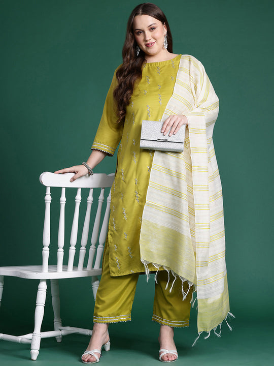 Plus Size Olive Embroidered Straight Cotton Blend Kurta Set