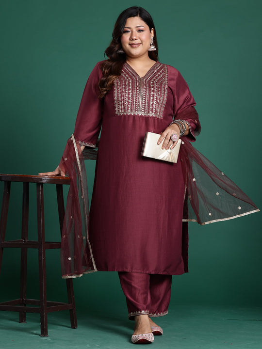 Plus Size Mauve Embroidered Straight Suit Set