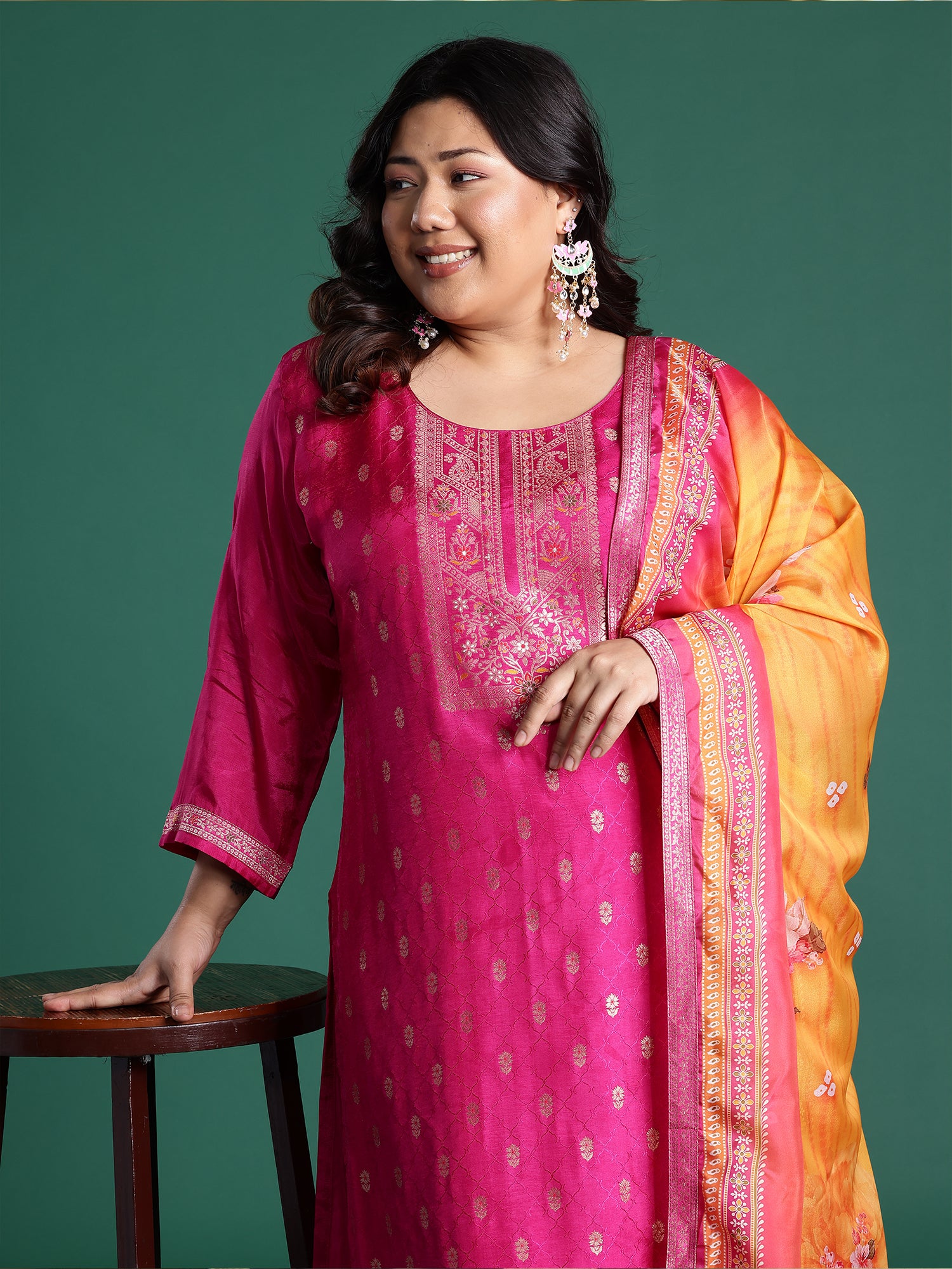Plus Size Pink Woven Design Straight Kurta Trousers With Dupatta set