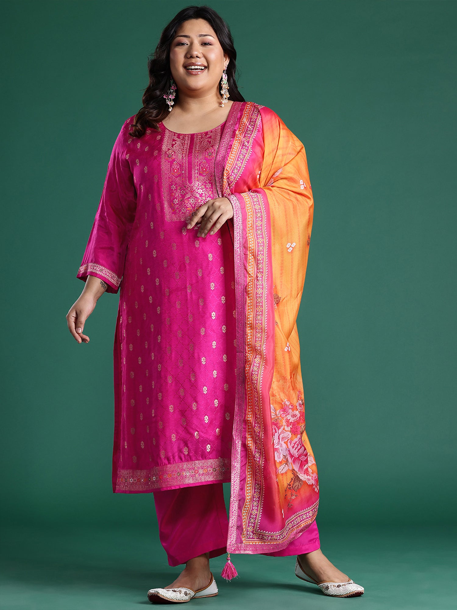 Plus Size Pink Woven Design Straight Kurta Trousers With Dupatta set