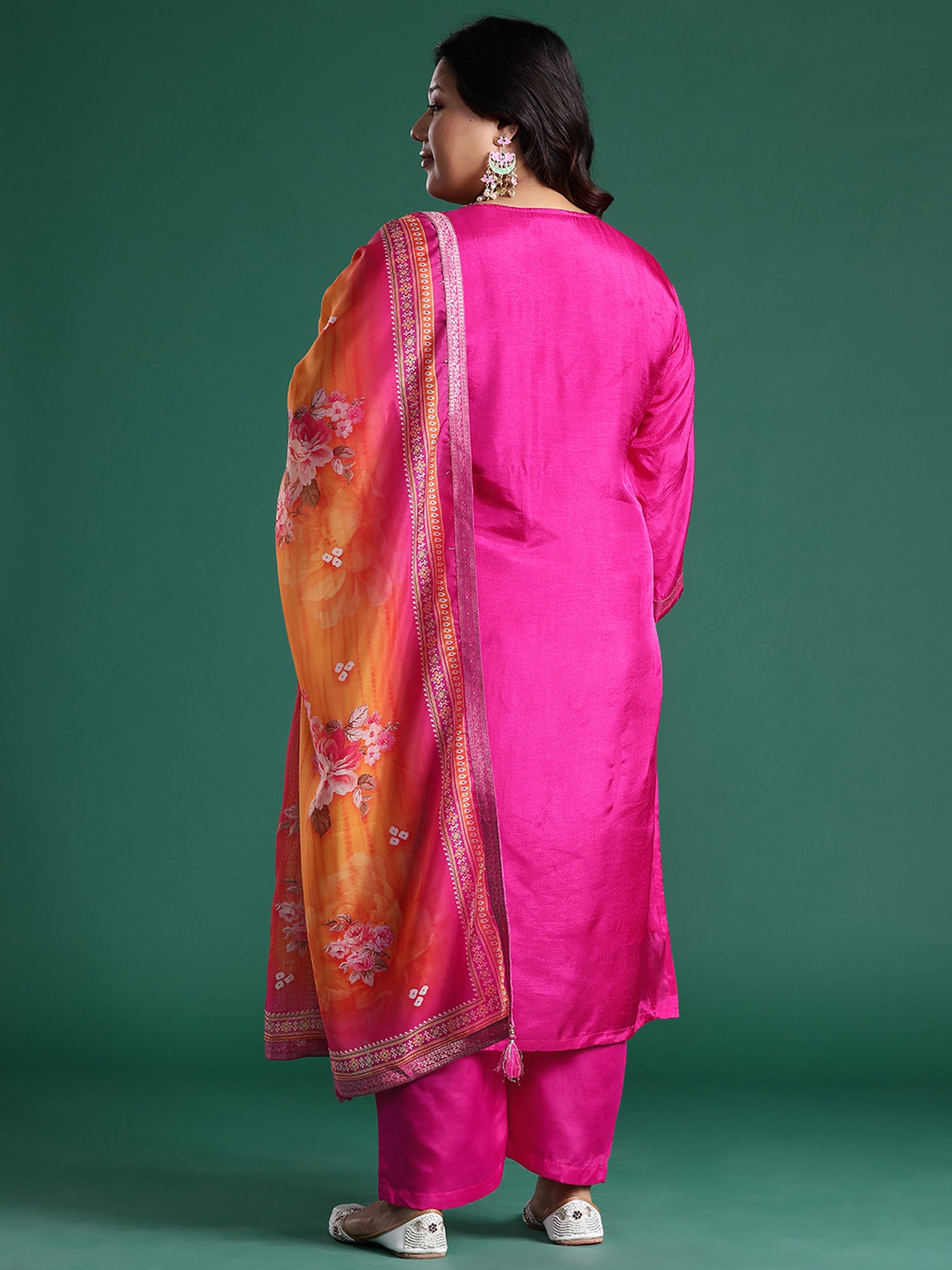 Plus Size Pink Woven Design Straight Kurta Trousers With Dupatta set
