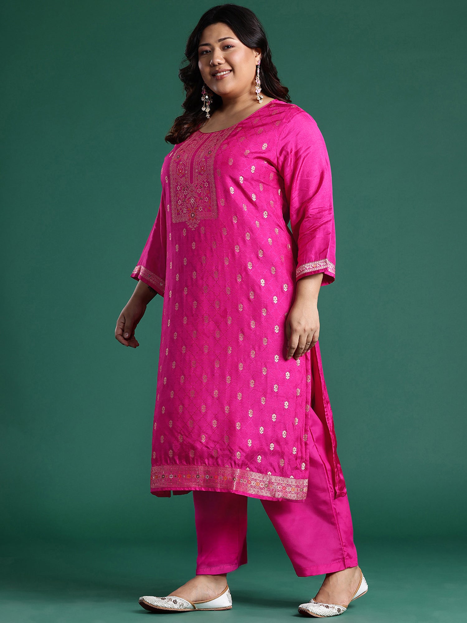 Plus Size Pink Woven Design Straight Kurta Trousers With Dupatta set