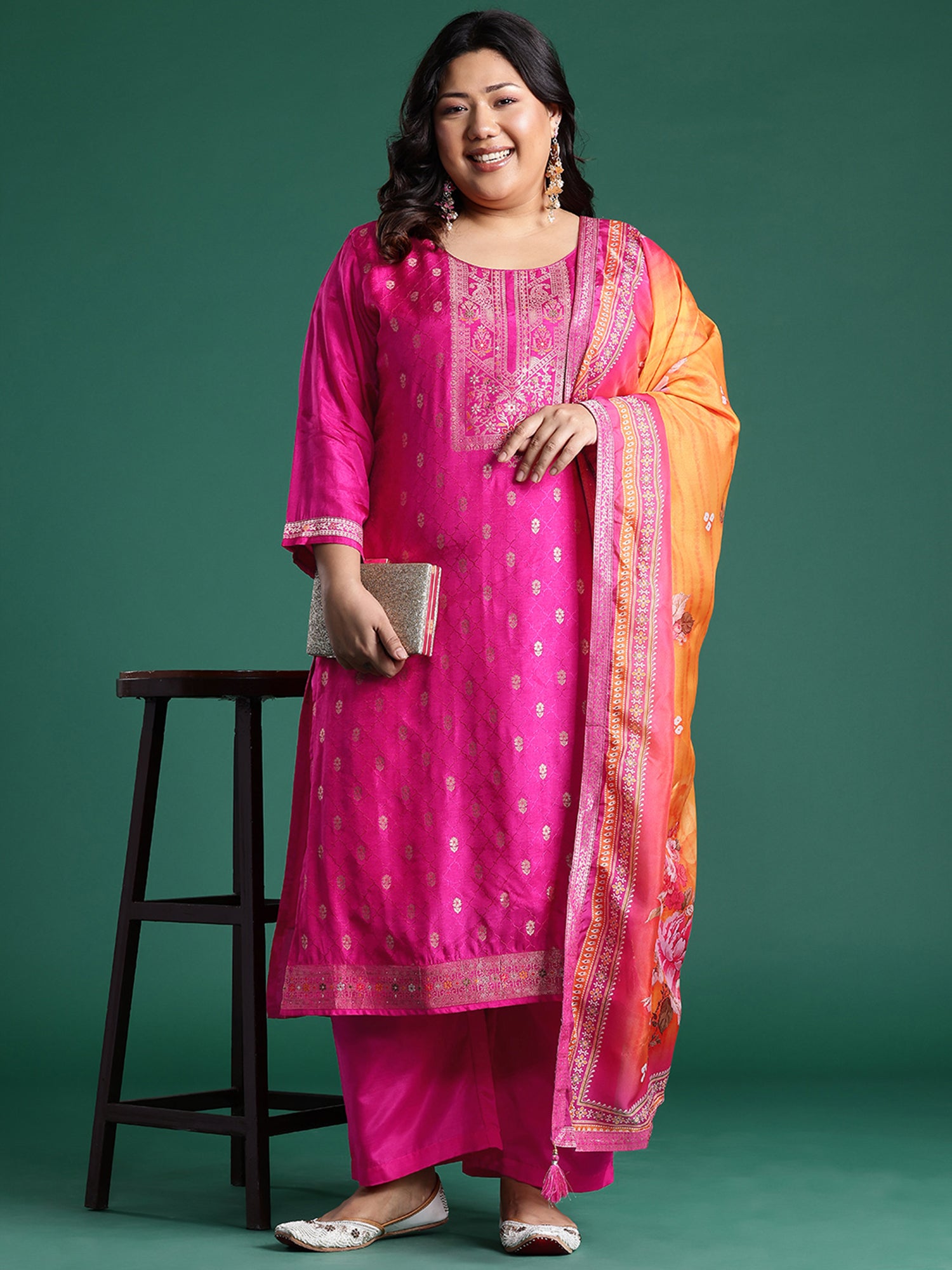 Plus Size Pink Woven Design Straight Kurta Trousers With Dupatta set