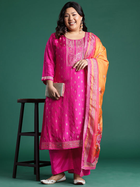 Plus Size Pink Woven Design Straight Kurta Trousers With Dupatta set