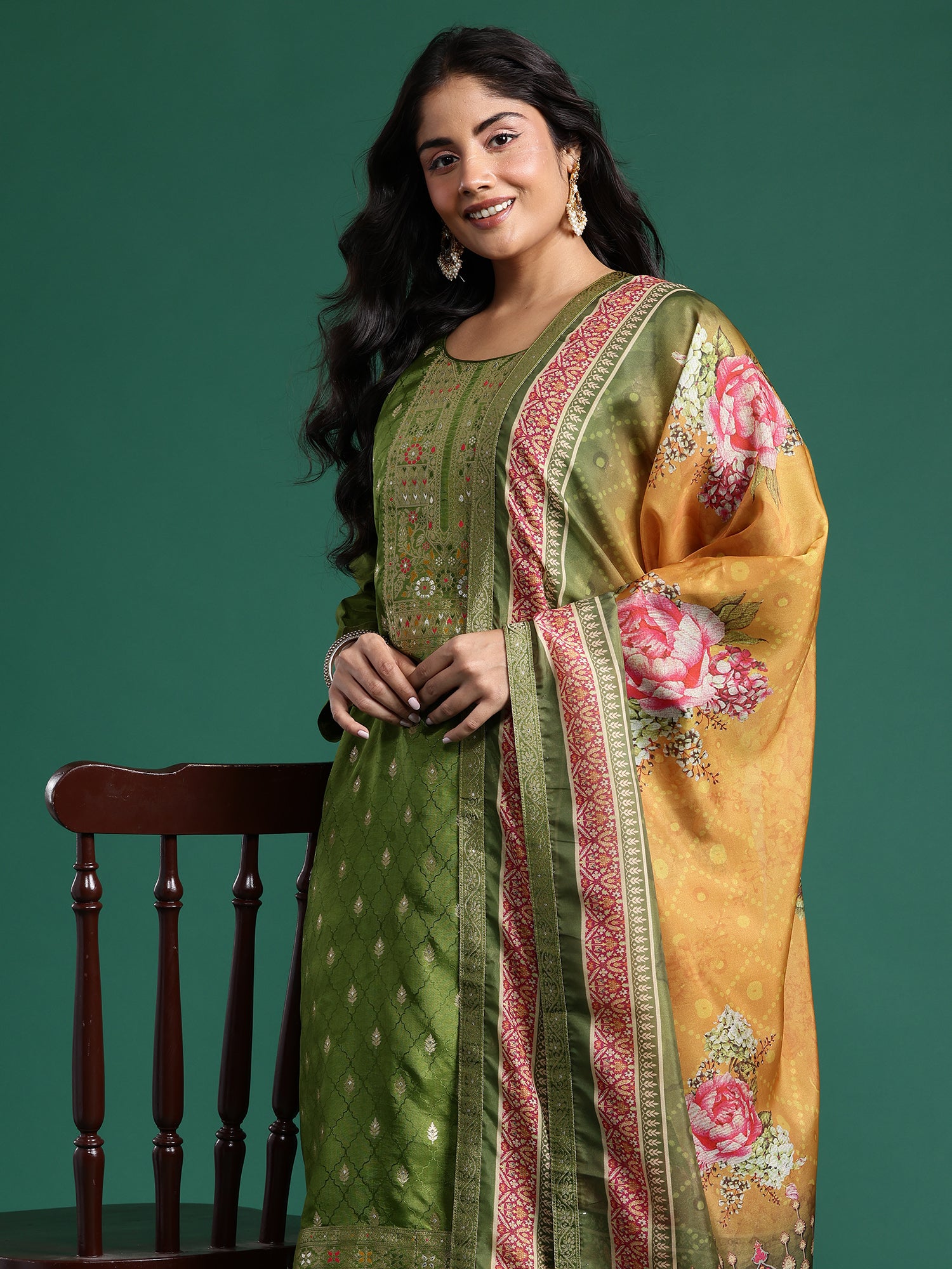 Plus Size Green Woven Design Straight Kurta Trousers With Dupatta set