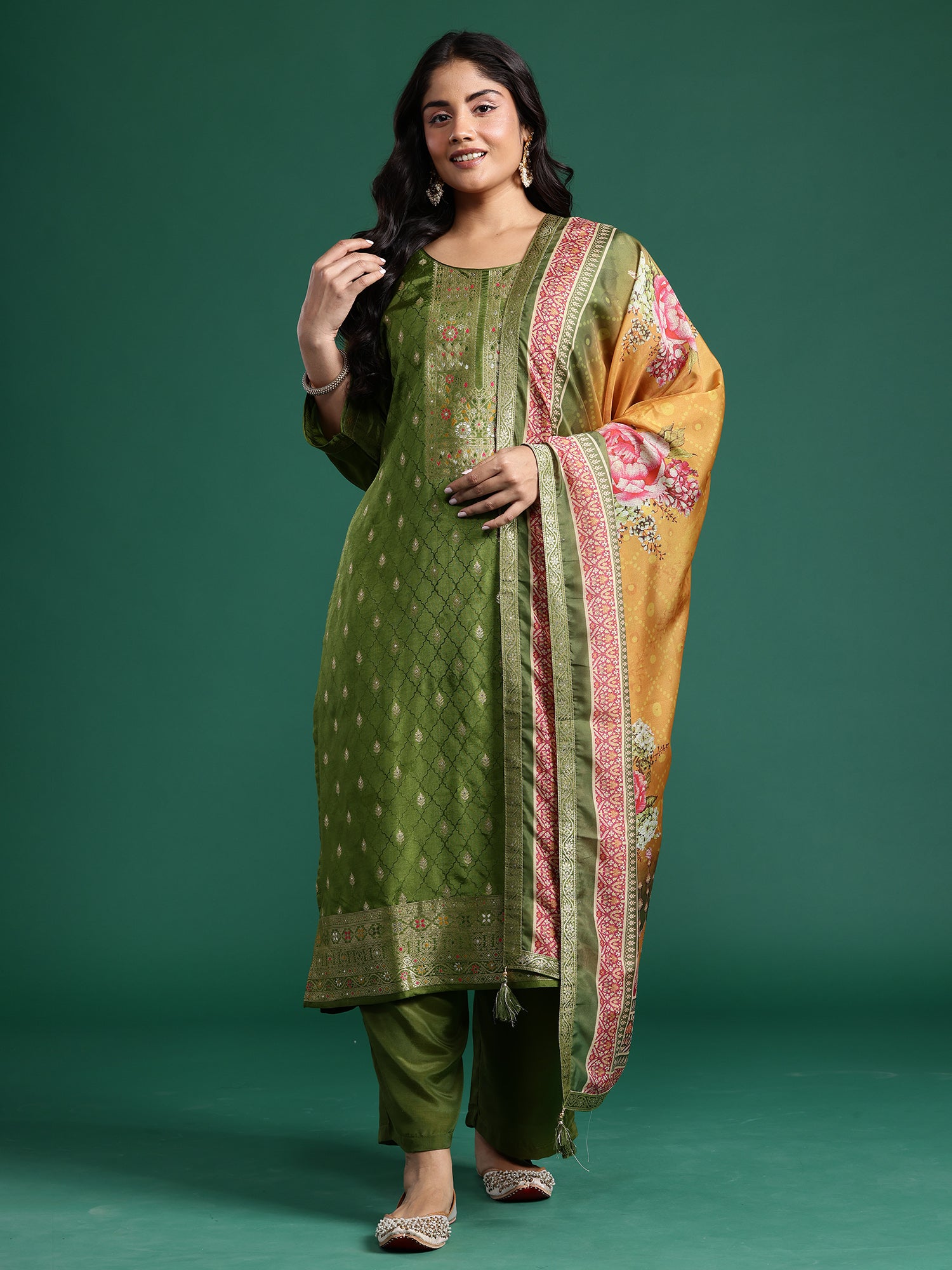 Plus Size Green Woven Design Straight Kurta Trousers With Dupatta set