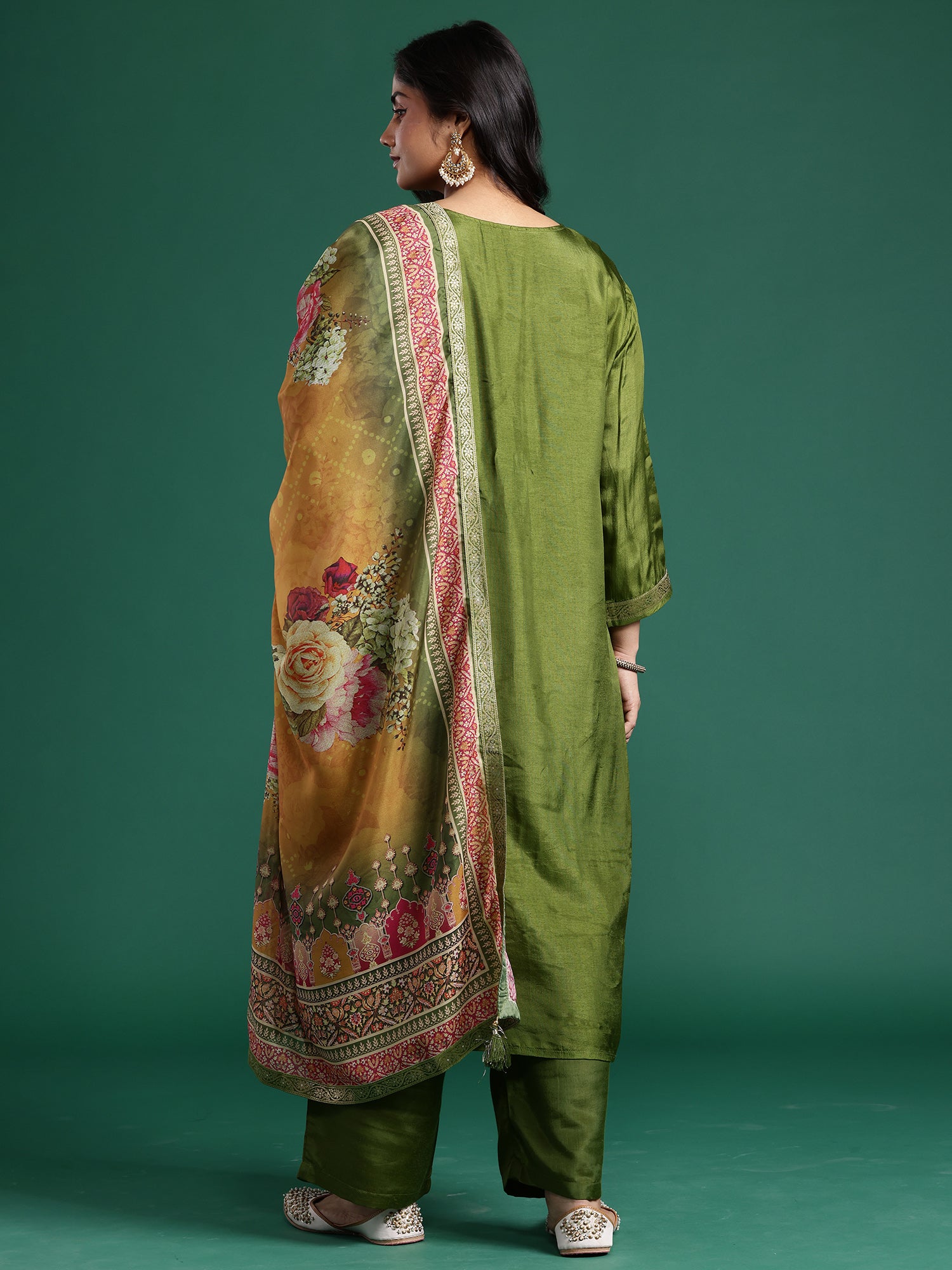 Plus Size Green Woven Design Straight Kurta Trousers With Dupatta set