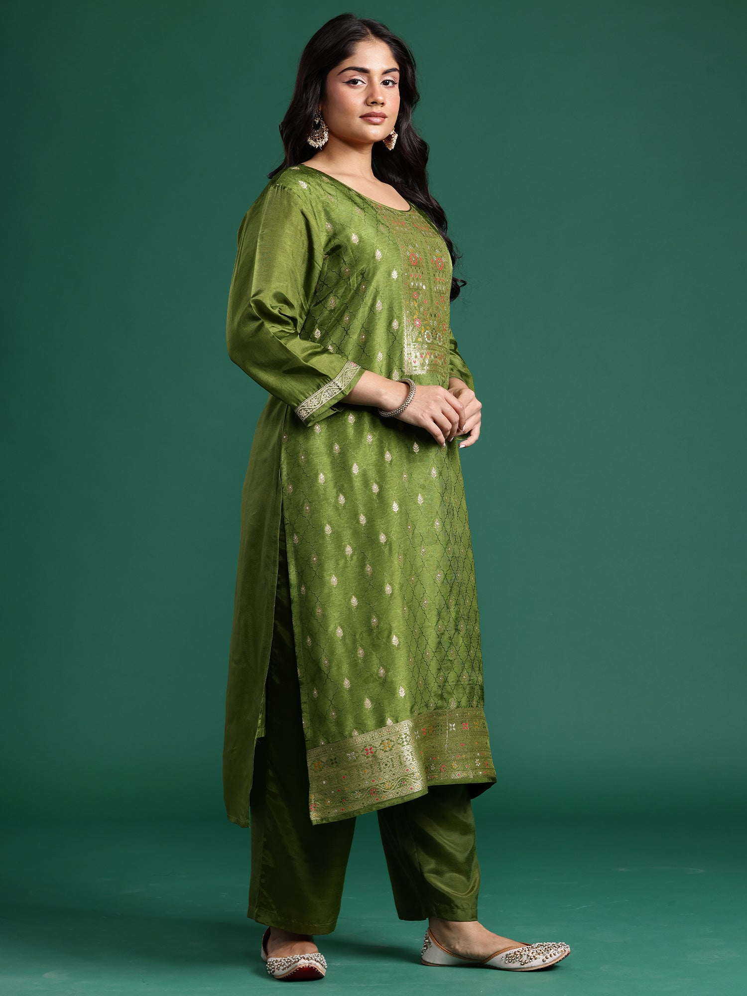 Plus Size Green Woven Design Straight Kurta Trousers With Dupatta set