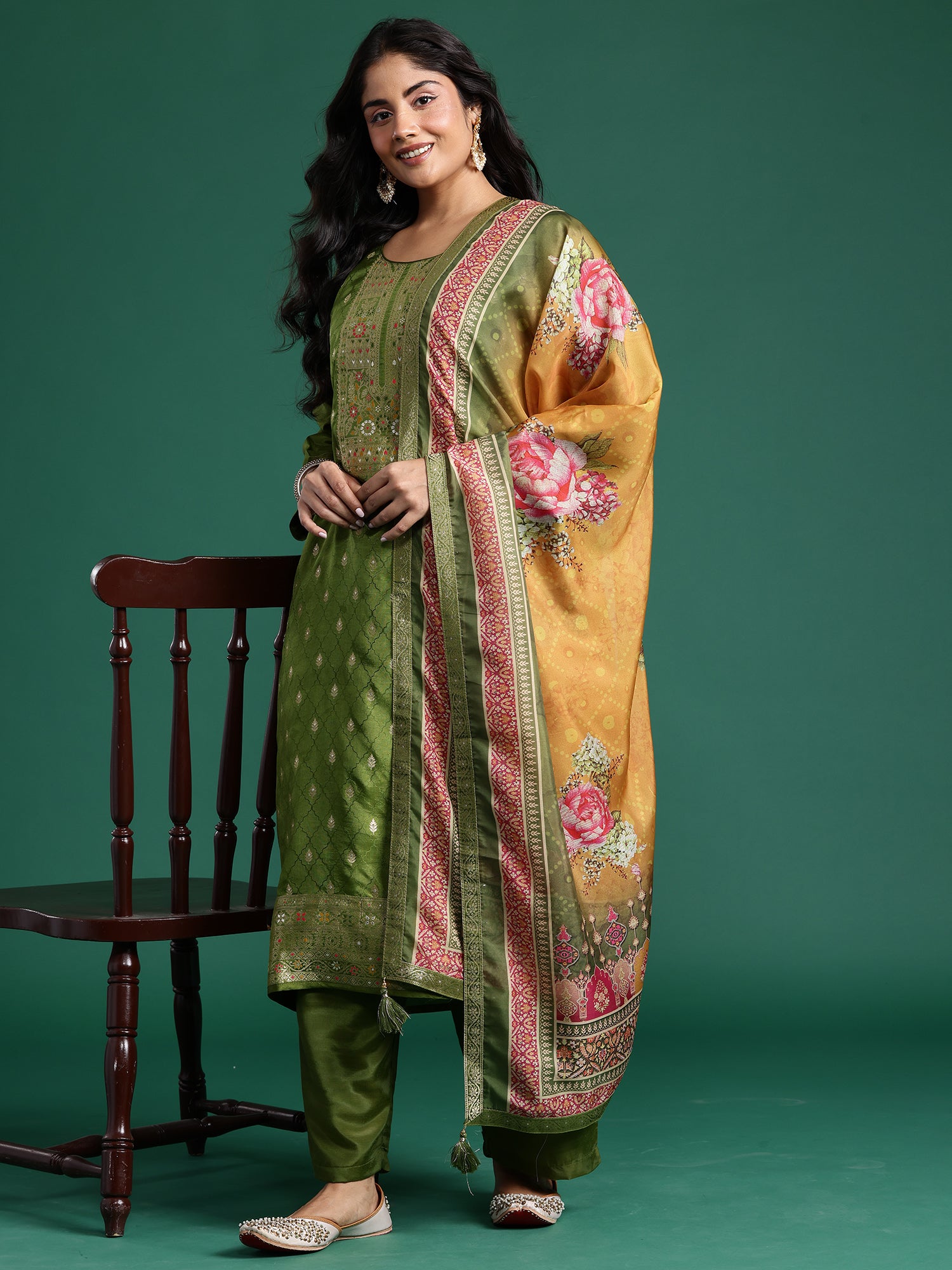 Plus Size Green Woven Design Straight Kurta Trousers With Dupatta set