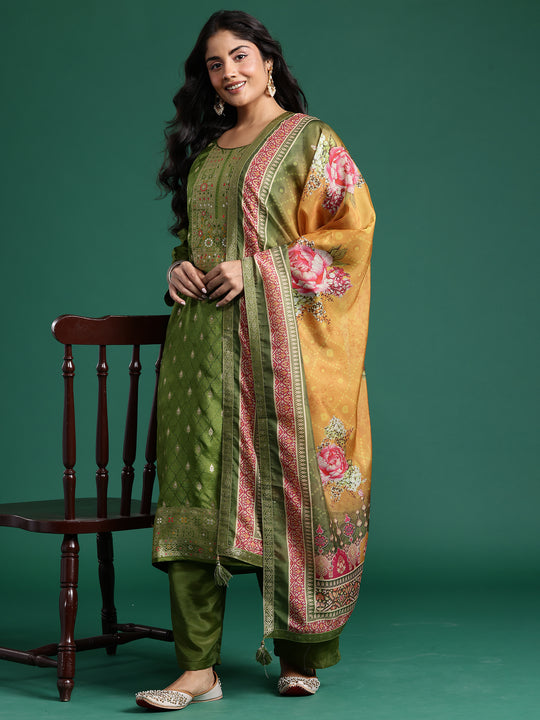 Plus Size Green Woven Design Straight Kurta Trousers With Dupatta set