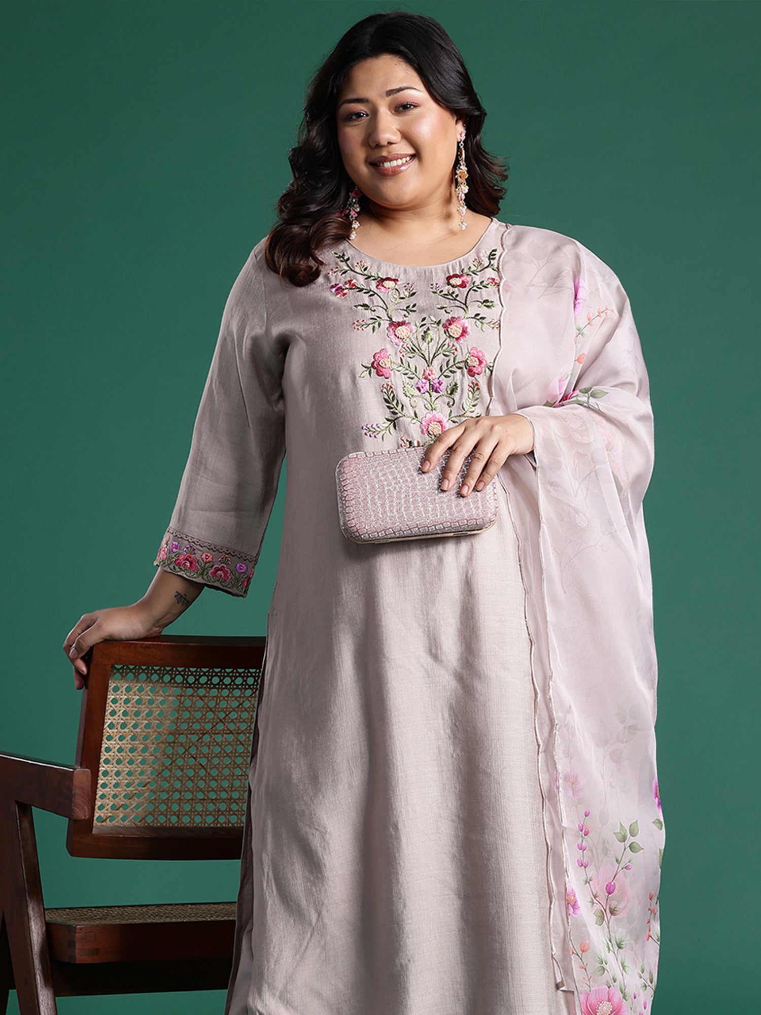 Plus Size Brown Embroidered Straight Kurta Trousers With Dupatta set