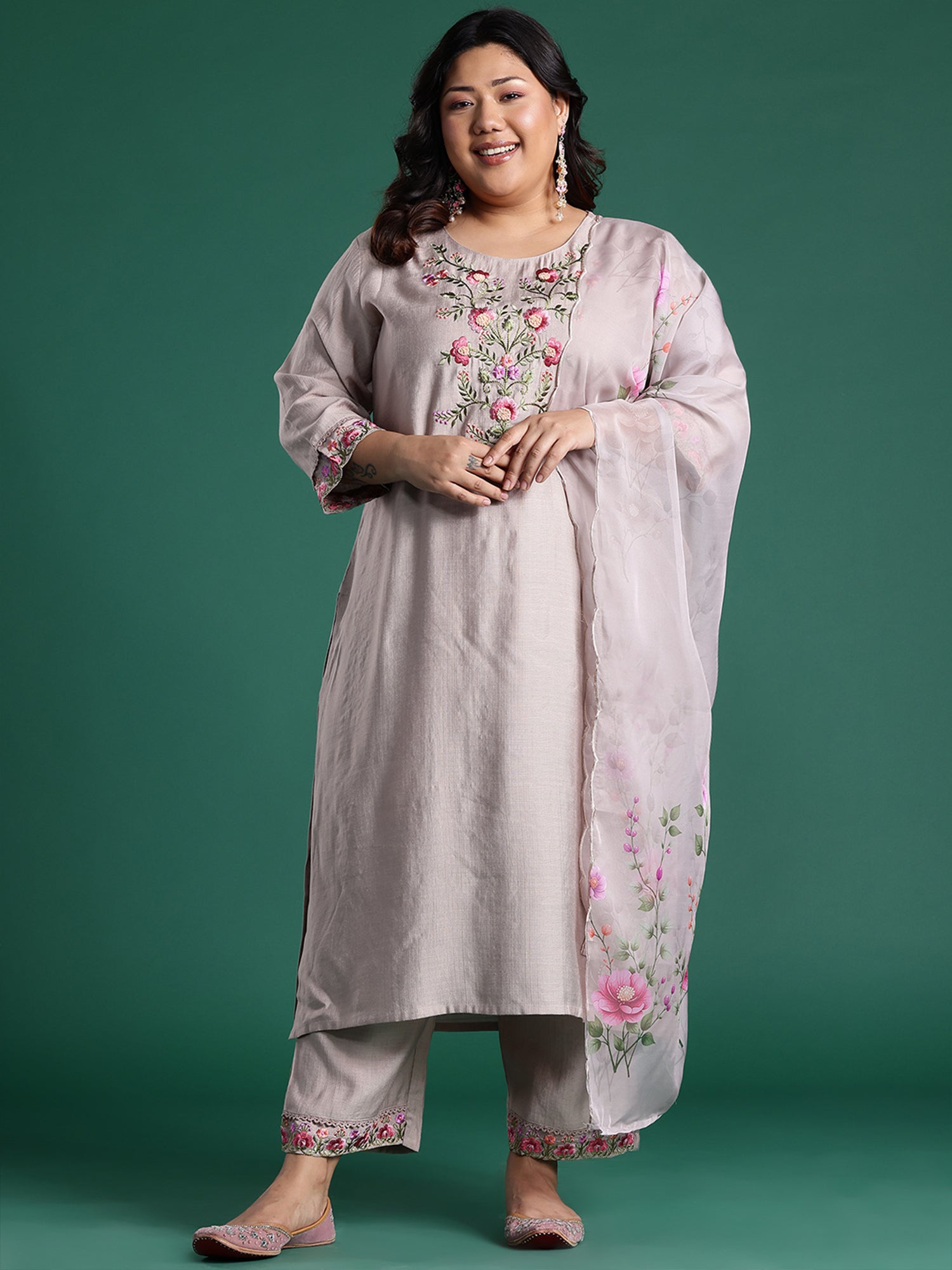 Plus Size Brown Embroidered Straight Kurta Trousers With Dupatta set